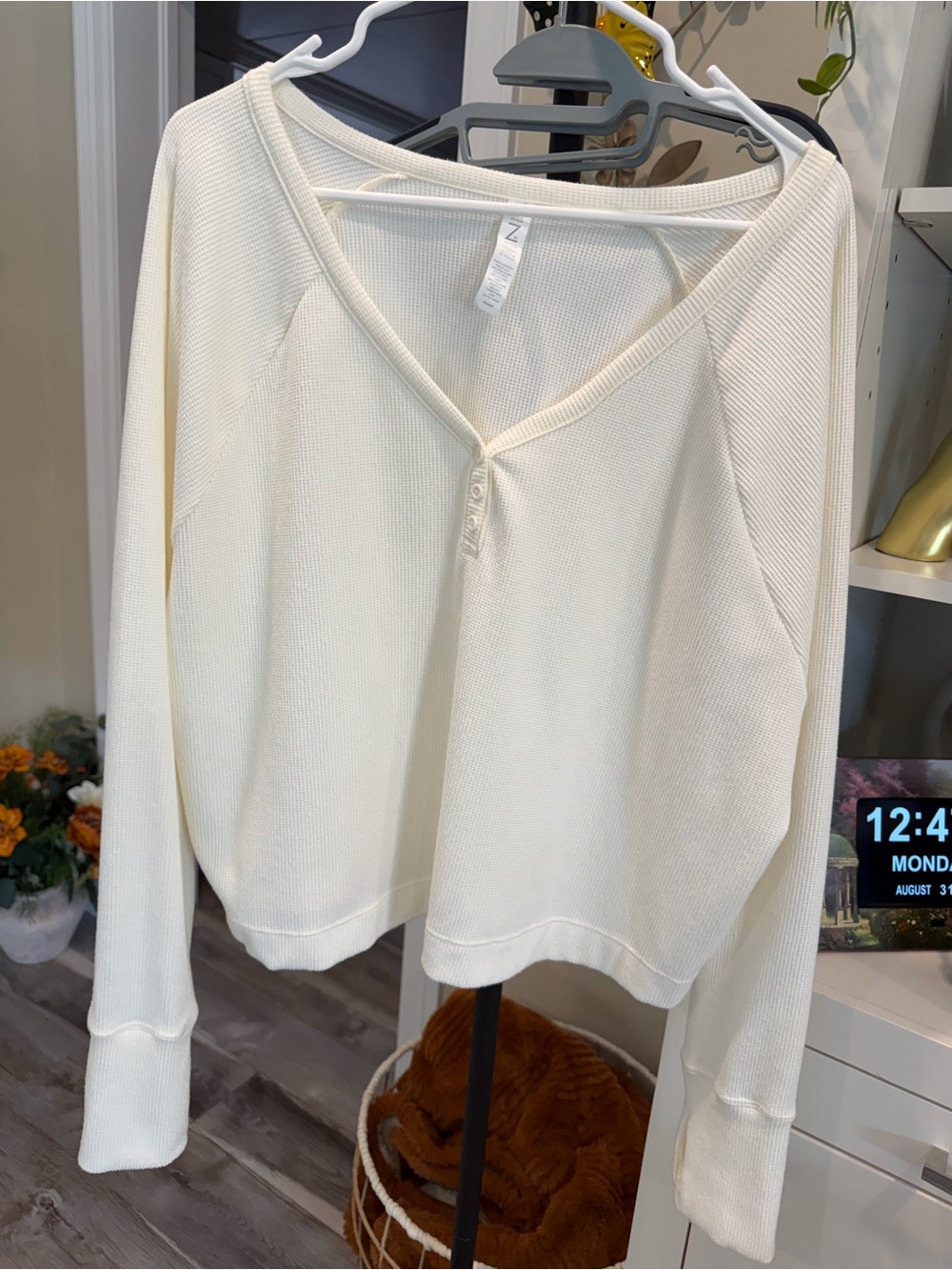 Zella Cream Waffle-Knit Henley Sweatshirt